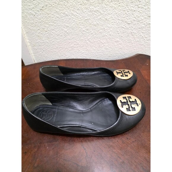 Tory Burch Black Leather Gold Logo Flats Women's Size 8 - Picture 3 of 12